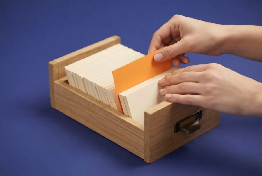 Zwei Frauenhände stecken eine orange Karteikarte in einen Holzkasten voller heller Karteikarten