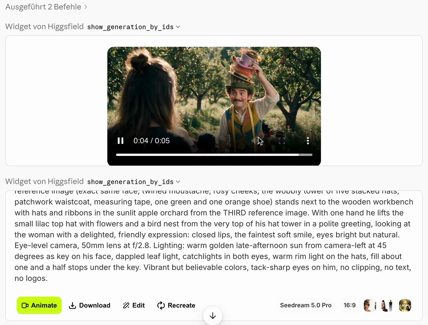 Chat mit Claude: Higgsfield zeigt einen fertigen Clip und den Prompt dazu direkt im Chatfenster