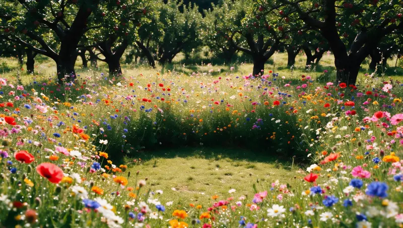 Bunte Blumenwiese in einem sonnigen Obstgarten