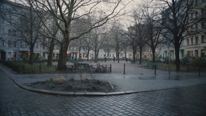 Grauer, nasser Platz in Berlin mit kahlen Bäumen