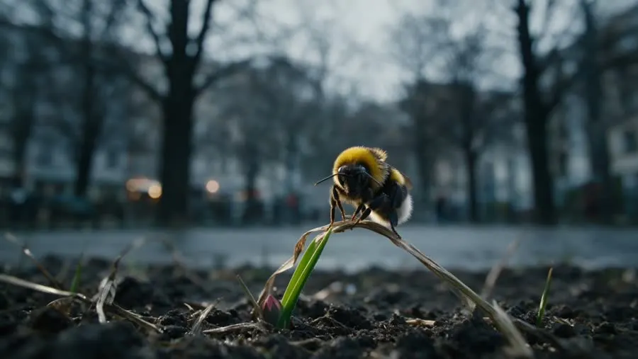 Eine Hummel landet auf einem einzelnen Halm in einem kahlen, grauen Beet