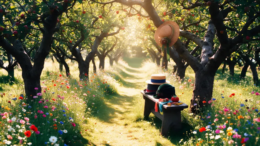 Leerer Obstgarten im warmen Gegenlicht mit einer Holzbank, auf der Hüte liegen