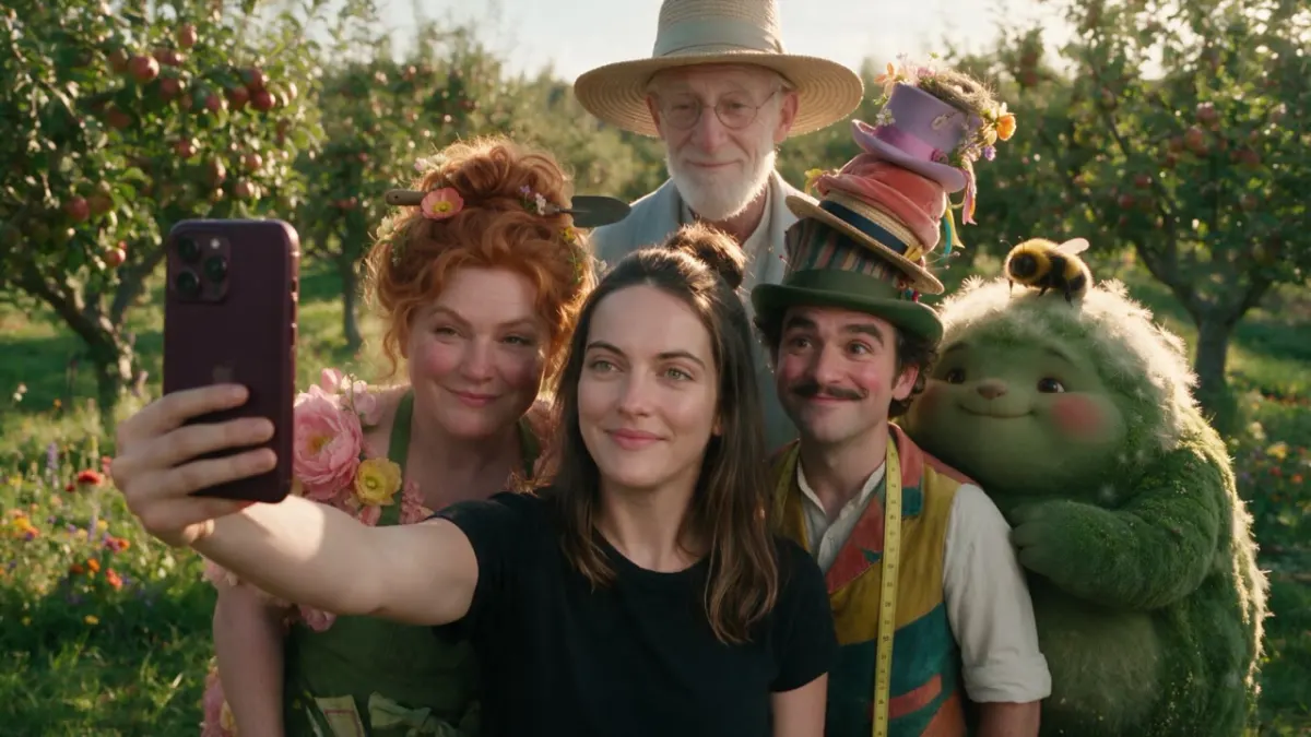 Lisa macht ein Selfie mit vier Fantasiefiguren in einem Obstgarten: Blütenfrau, Wolkenschäfer, Hutmacher und ein grünes Moos-Wesen mit Hummel