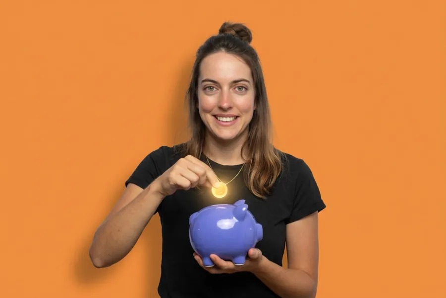 Lisa wirft eine Münze in ein lila Sparschwein