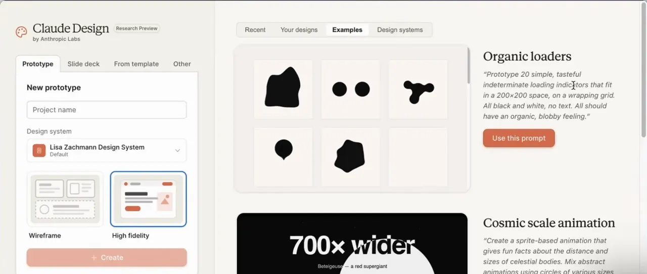 Startseite von Claude Design mit dem Feld für ein neues Projekt links und fertigen Beispielen wie Organic loaders und Cosmic scale animation rechts