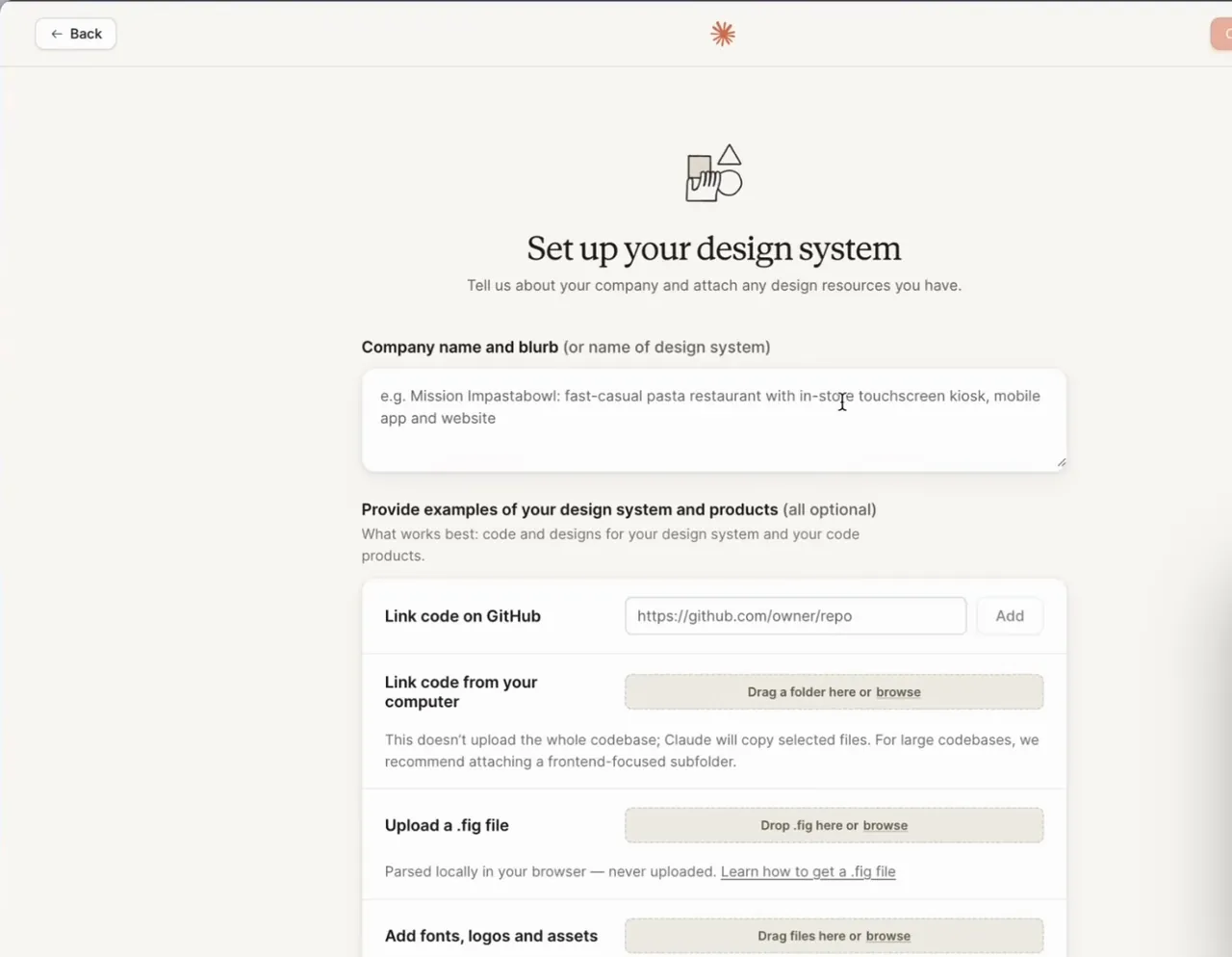 Formular Set up your design system mit Feldern für Firmenname, GitHub-Link, Code vom Computer, Figma-Datei sowie Schriften, Logos und Assets