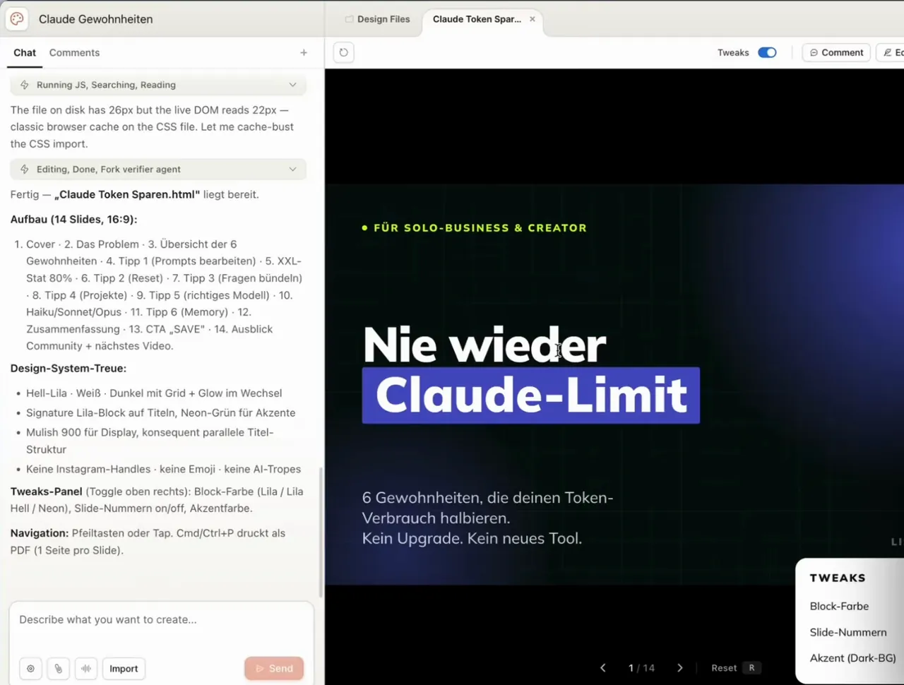 Dieselbe Präsentation mit eigenem Design-System: dunkle Titelfolie mit lila Block und dem Tweaks-Feld für Farben