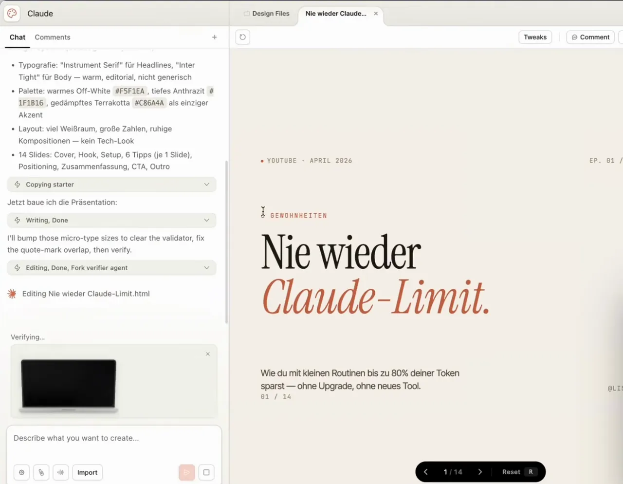 Präsentation ohne eigenes Design-System: Titelfolie Nie wieder Claude-Limit in Off-White mit Terrakotta-Schrift, links der Chat