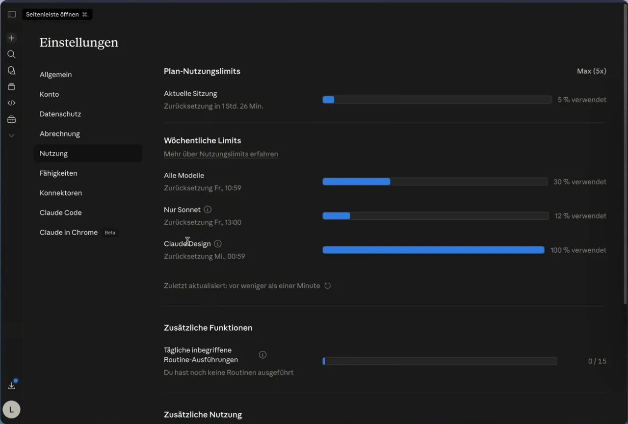 Claude-Einstellungen unter Nutzung im April 2026: Claude Design hat ein eigenes Wochenlimit und steht bei 100 Prozent verbraucht