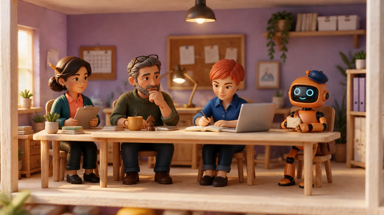 Lisas KI-Team als Figuren: Vera, Toni und Mira, dazu der Roboter Bruno.