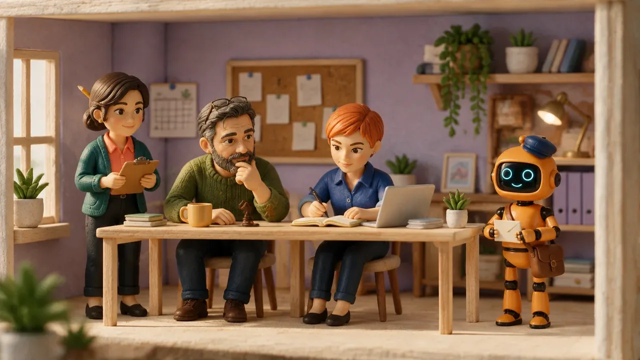 Lisas KI-Team als Miniatur-Figuren in einem Puppenhaus-Büro: Vera mit Klemmbrett, Toni mit Kaffee, Mira am Laptop und der orange Roboter Bruno mit einem Brief.