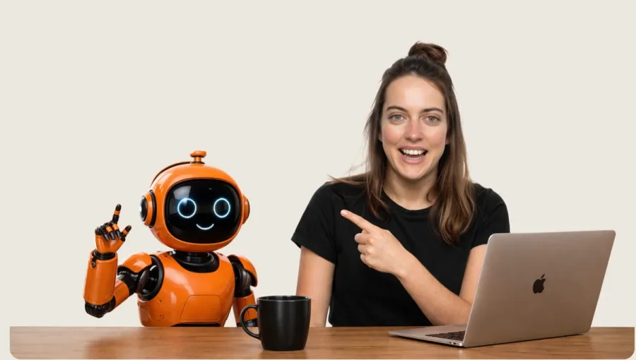 Lisa am Schreibtisch mit Laptop, daneben ein kleiner oranger Roboter