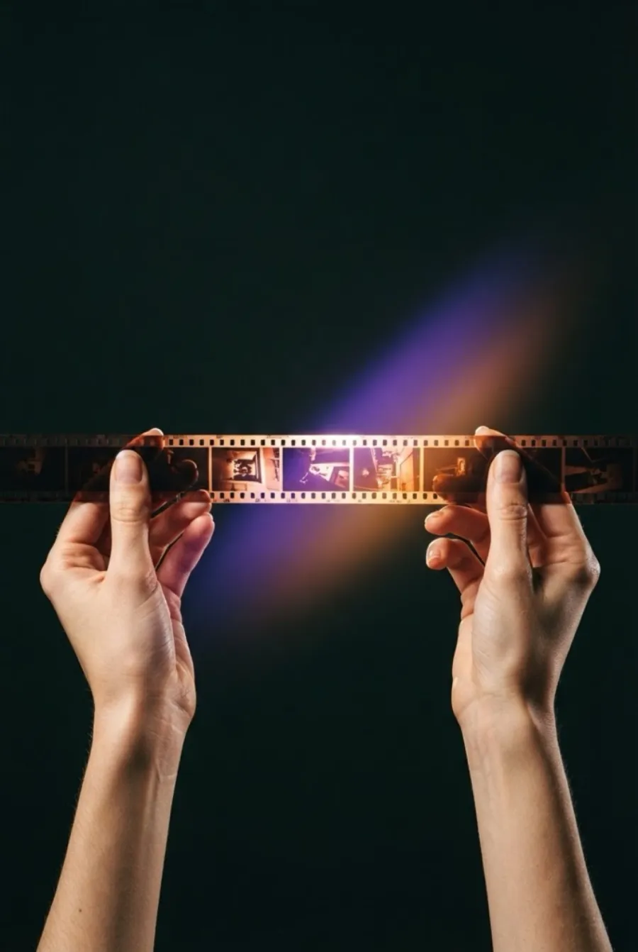 Zwei Hände halten zwei sich kreuzende Filmstreifen, die farbig aufleuchten