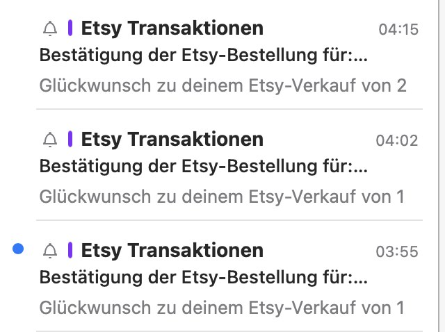 Lisas Postfach mit Etsy-Bestellbestätigungen um 04:15, 04:02 und 03:55 Uhr