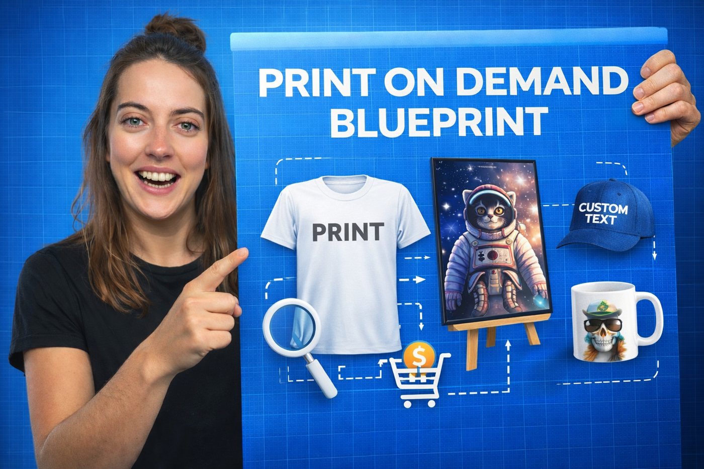 Lisa mit dem Print on Demand Blueprint: T-Shirt, Poster, Cap und Tasse