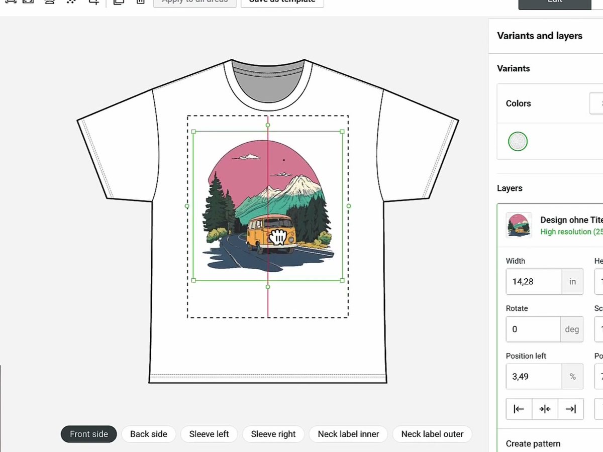 Design-Editor: ein Van-Motiv wird im Druckbereich auf einem weißen T-Shirt platziert