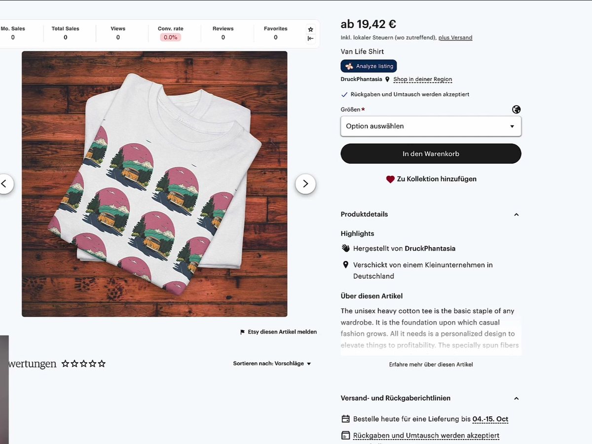 Das fertige Etsy-Listing: gefaltetes Shirt auf Holzboden als Hauptbild, Preis ab 19,42 Euro