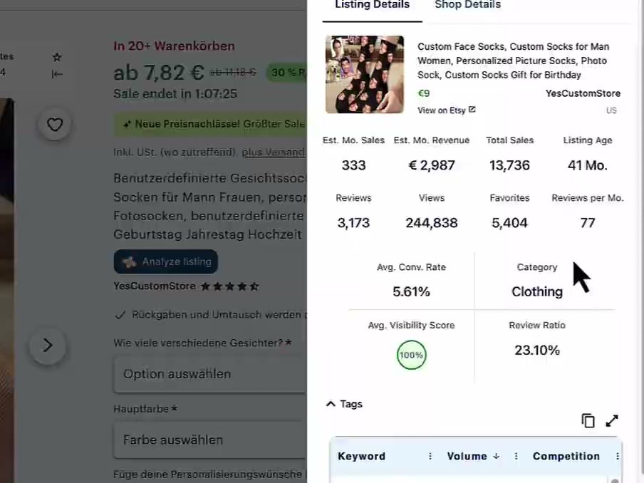 Everbee zeigt zu einem Etsy-Listing Verkäufe, Umsatz und Aufrufe pro Monat