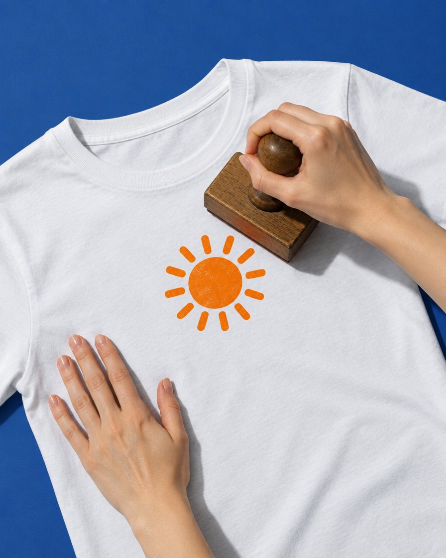 Hände stempeln eine orange Sonne auf ein weißes T-Shirt