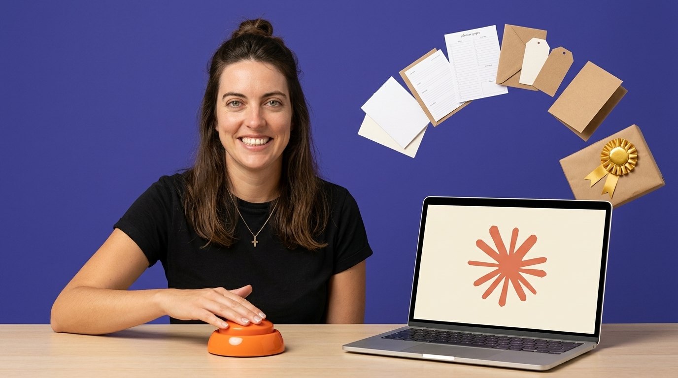 Lisa Zachmann drückt einen orangen Knopf, daneben ein Laptop mit dem Claude-Logo, aus dem fertige Karten, Planer und Päckchen fliegen, eines davon mit goldener Siegerschleife