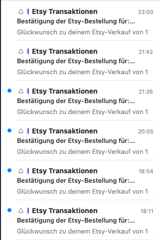 Postfach mit sechs Mails „Etsy Transaktionen: Bestätigung der Etsy-Bestellung“ zwischen 18:11 und 23:00 Uhr