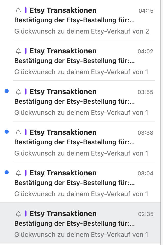 Postfach mit sechs Mails „Etsy Transaktionen: Bestätigung der Etsy-Bestellung“ zwischen 02:35 und 04:15 Uhr