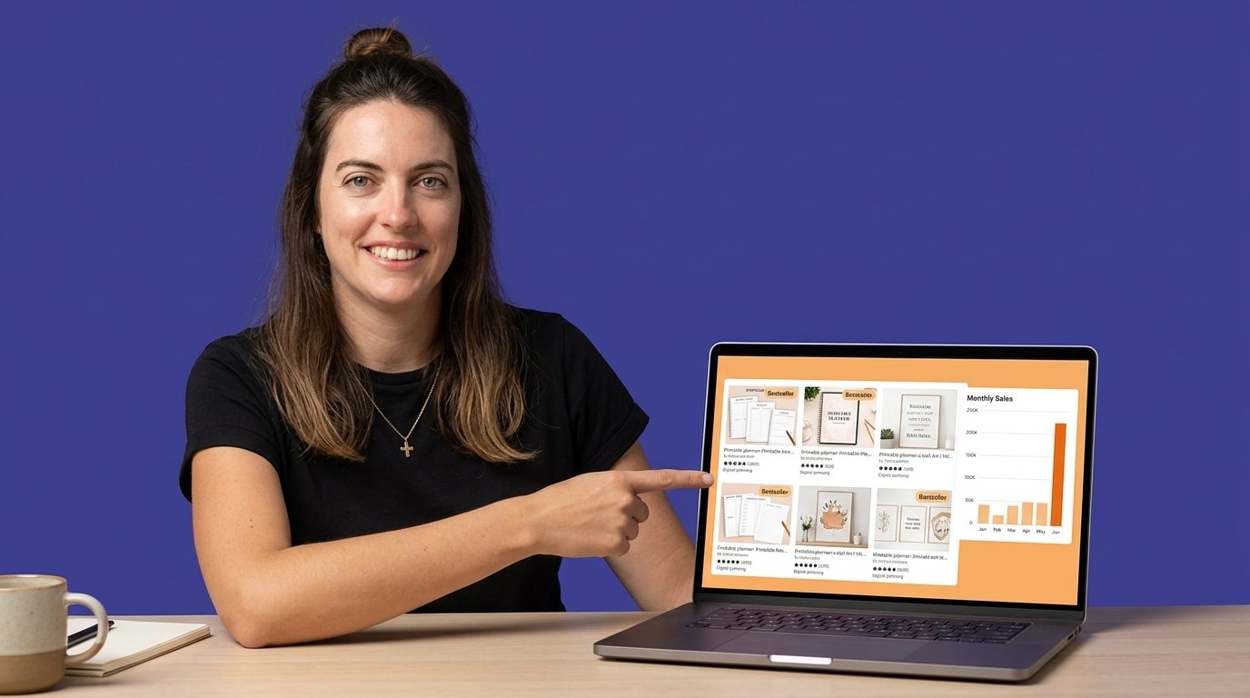 Lisa Zachmann zeigt auf ihren Laptop mit einer Übersicht von Bestseller-Produkten und einem Diagramm der Monatsverkäufe