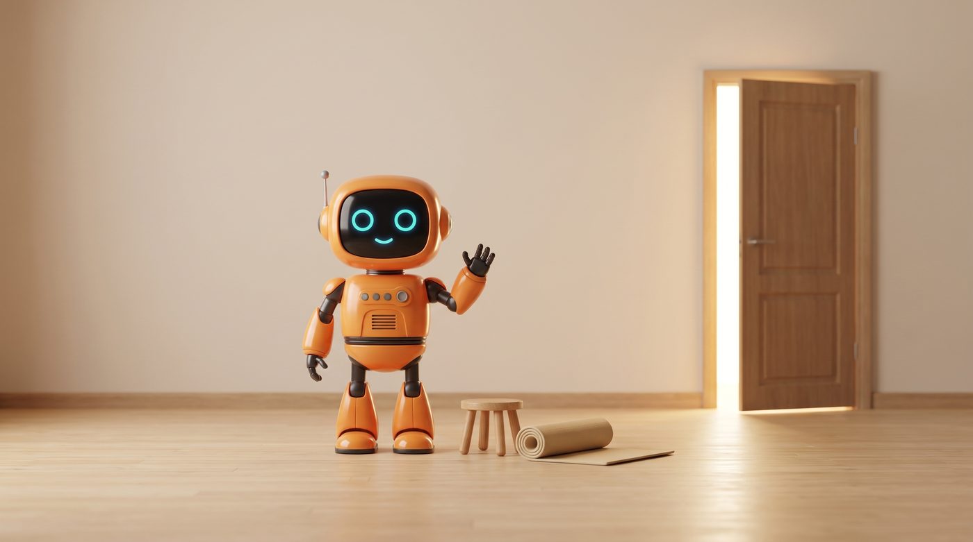 Kleiner oranger Roboter winkt vor einer offenen Tür