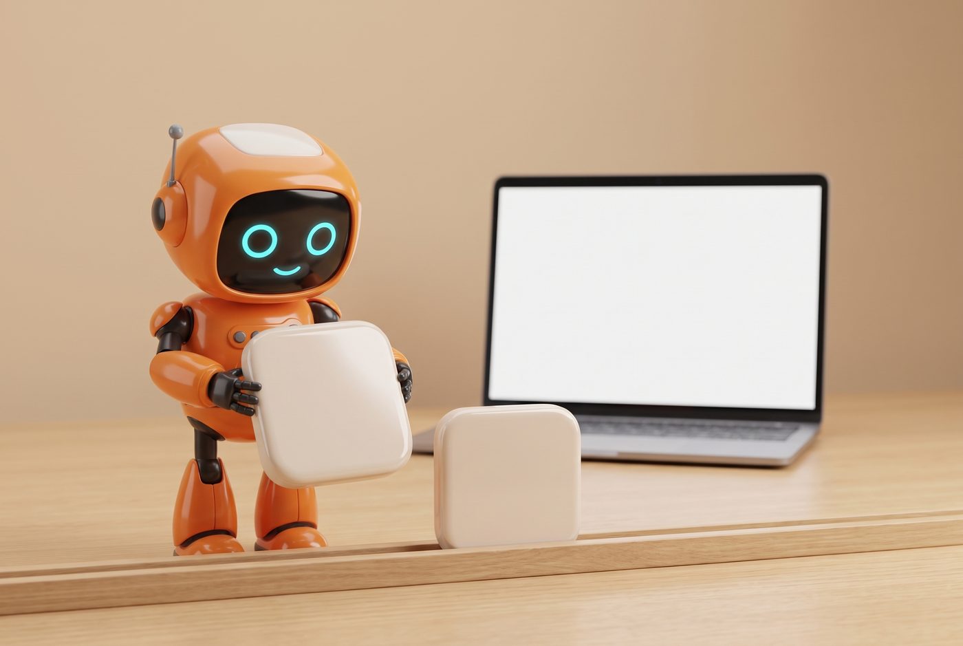 Roboter stellt ein App-Symbol neben einen Laptop