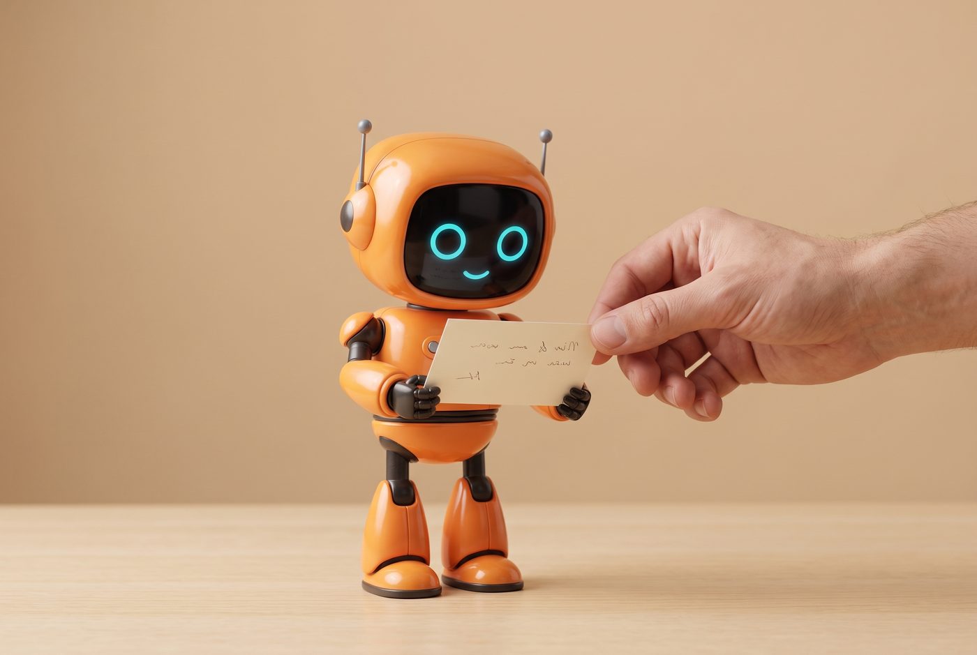 Eine Hand gibt dem Roboter eine beschriebene Karte