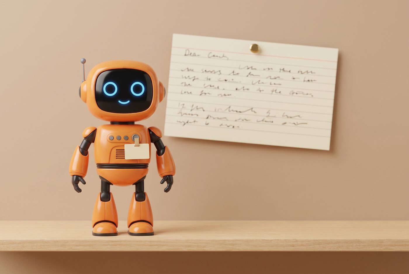 Roboter mit Namensschild vor einer angepinnten Karte