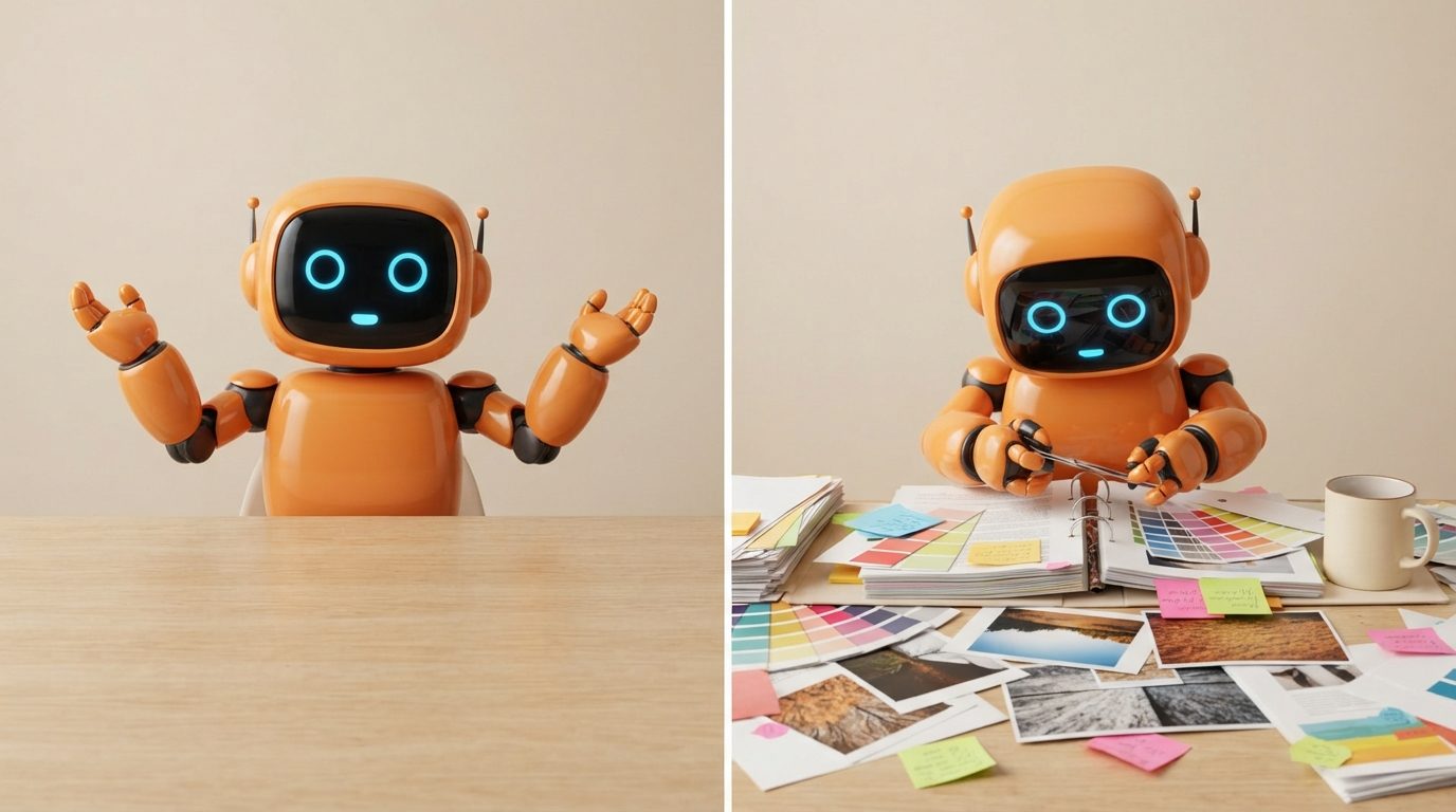 Links Roboter mit leerem Tisch, rechts Roboter mit vielen Unterlagen