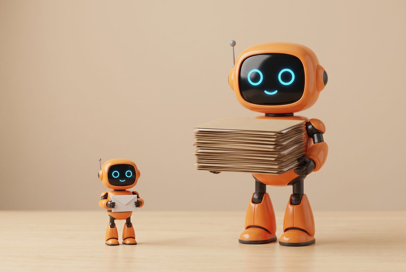 Kleiner Roboter mit einem Zettel, großer Roboter mit einem Aktenstapel