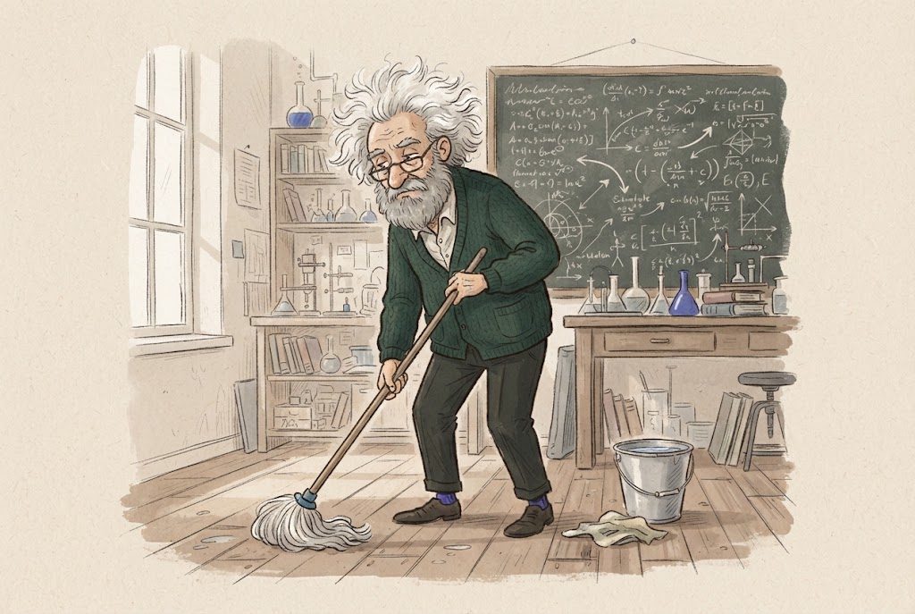 Einstein wischt den Laborboden