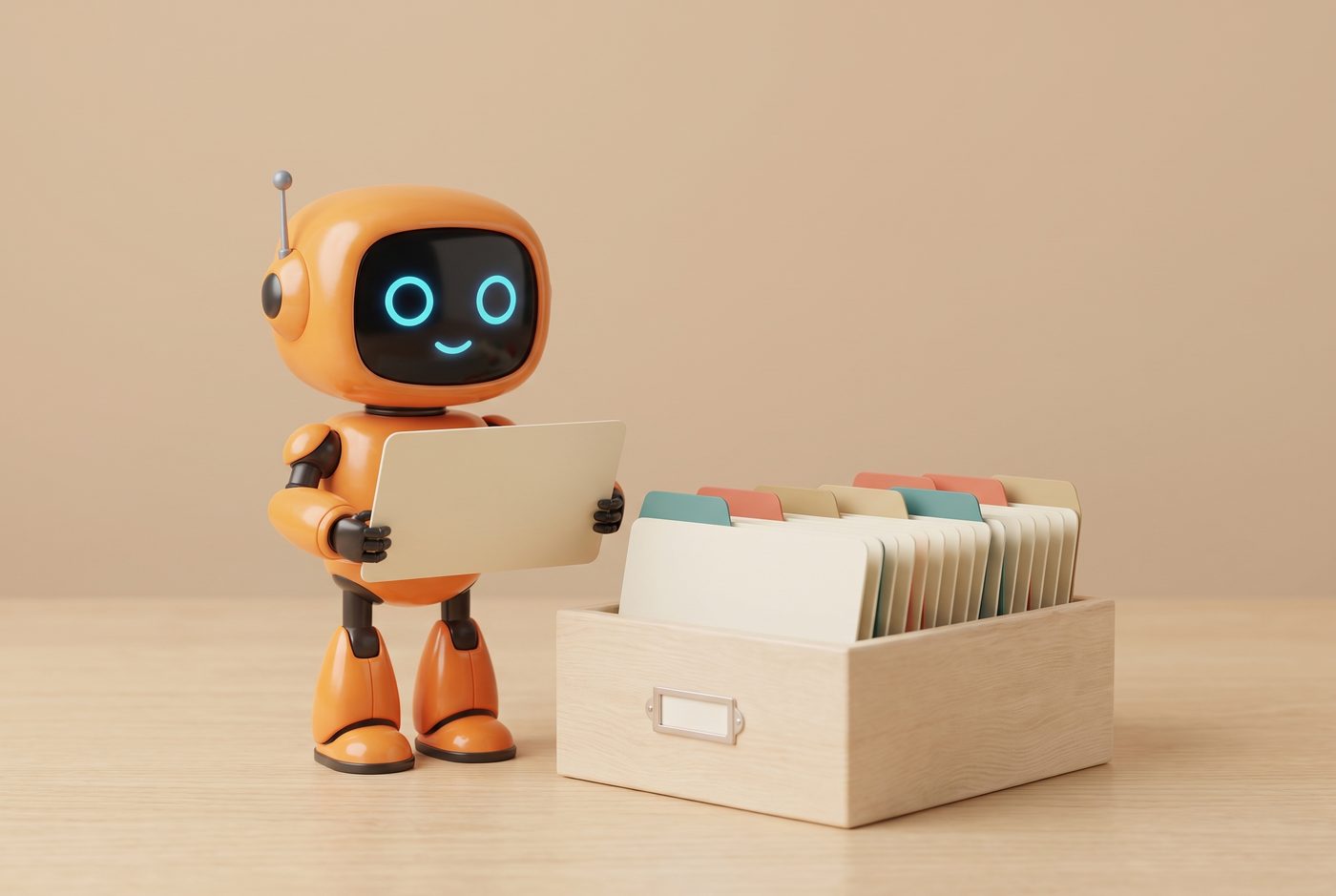 Roboter zieht eine Karte aus einem Karteikasten