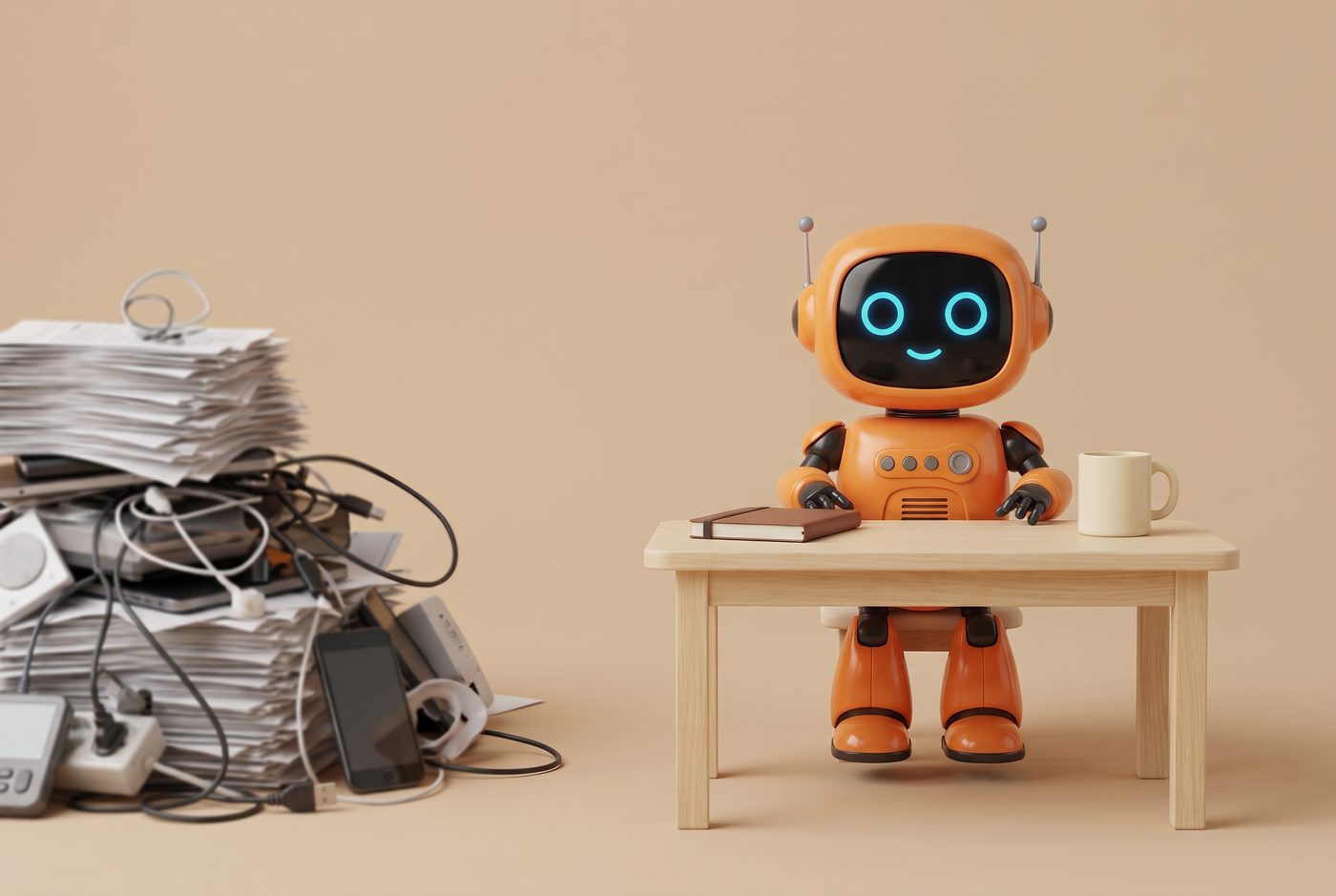 Roboter sitzt ruhig an einem aufgeräumten Tisch, links ein Berg aus Papier und Kabeln