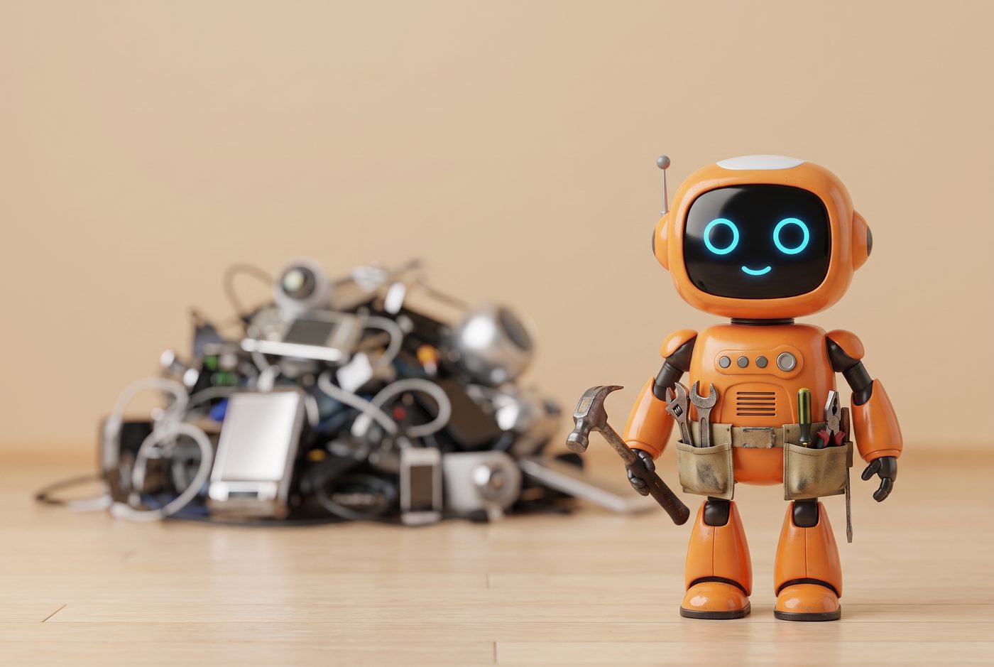 Roboter mit Werkzeuggürtel und drei benutzten Werkzeugen, dahinter ein Haufen ungenutzter Geräte