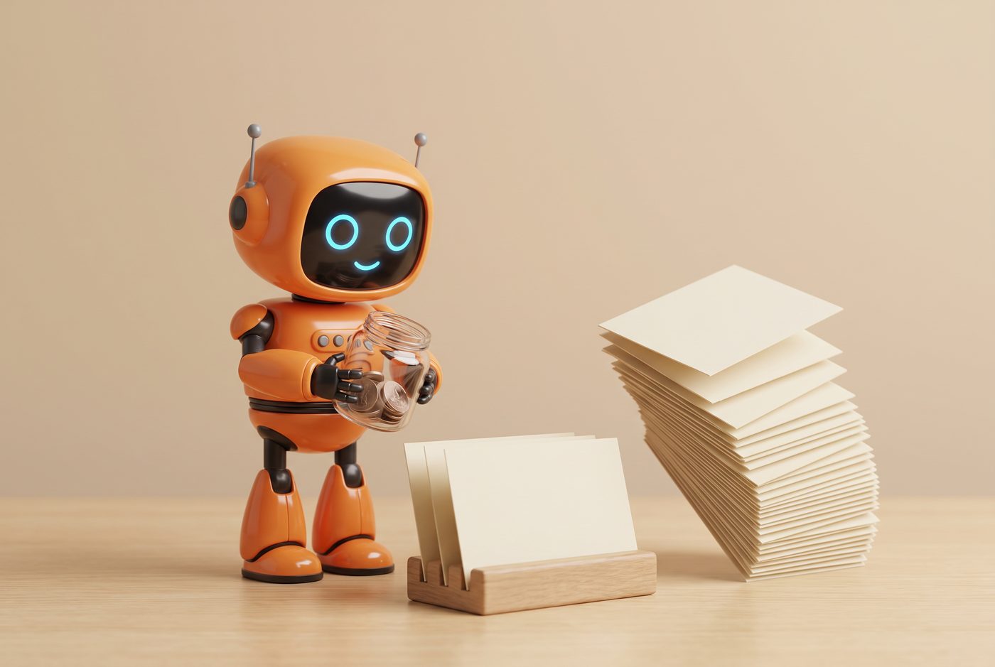 Roboter mit einem Münzglas vor drei aufgestellten Karten und einem umkippenden Stapel